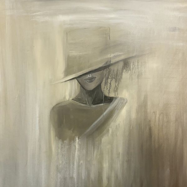 Monochrome painting of a woman with a large hat obscuring her eyes.