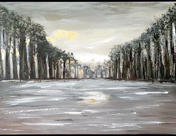 Muted landscape painting of a river flanked by tall trees under a cloudy sky.