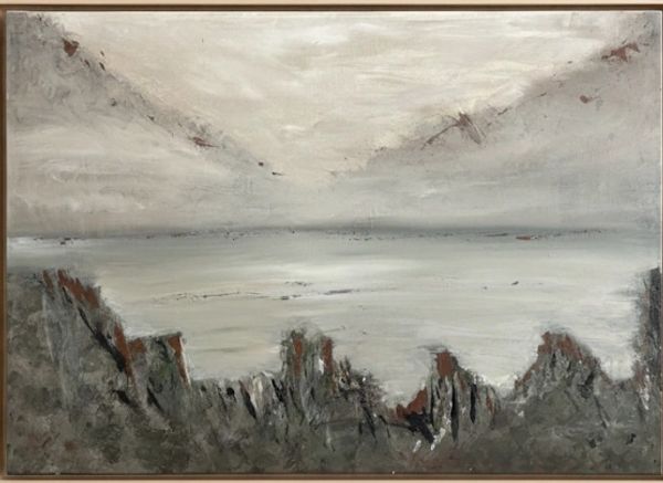 Abstract landscape painting with muted tones of gray, brown, and white.