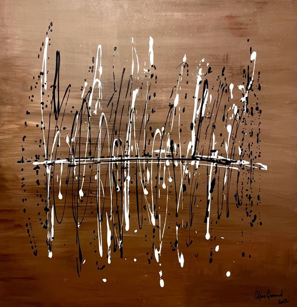 Abstract art with black and white lines and dots on a brown background.