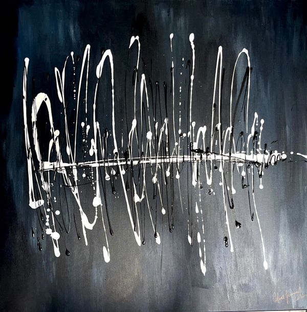 Abstract black and white painting with vertical drips and splashes.