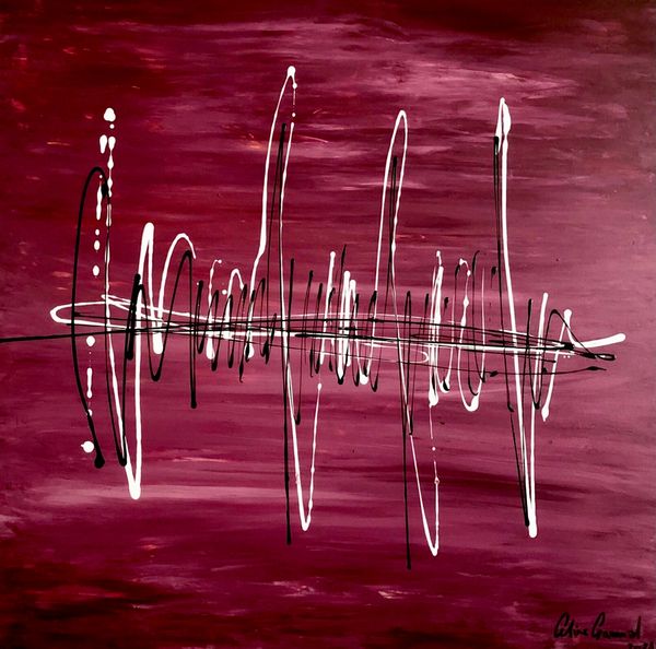 Abstract art with white and black wave lines on a deep red background.
