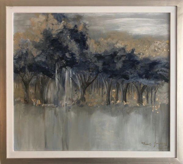 Abstract painting of a forest with dark blue and golden hues.