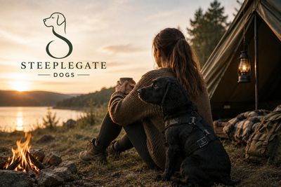 Woman and dog camping at sunset by a lake.