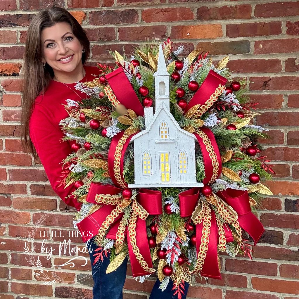 Light up church house Christmas and winter wreath