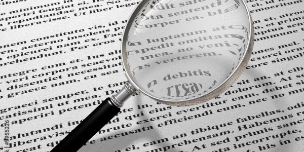 Magnifying glass enlarging text on a printed page.