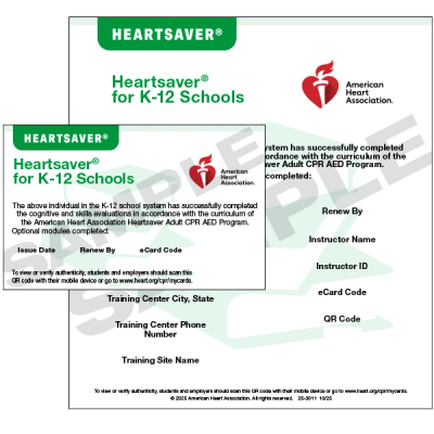 Certification card for Heartsaver CPR training for K-12 schools.