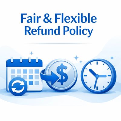 Illustration highlighting a fair and flexible refund policy with calendar, money, and clock icons.