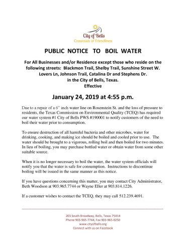 Public notice to boil water for specific streets in City of Bells, Texas.