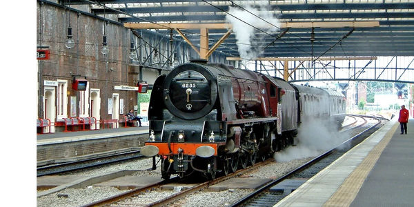 LMS Princess Coronation Class 6233 Duchess of Sutherland on the now-removed through line July 2004