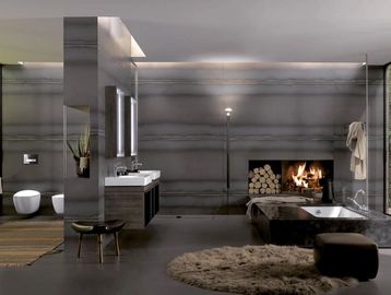 Modern bathroom with fireplace and elegant design.