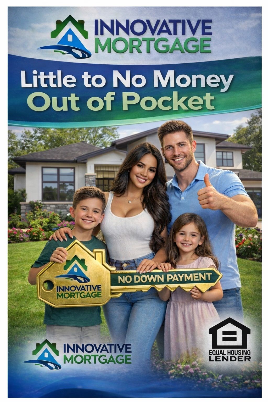 Happy family holding a large key promoting no down payment mortgages.