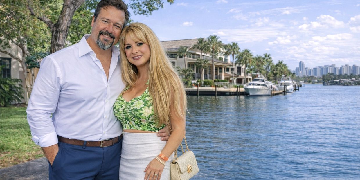 A smiling couple posing by the waterfront with boats and cityscape in the background.