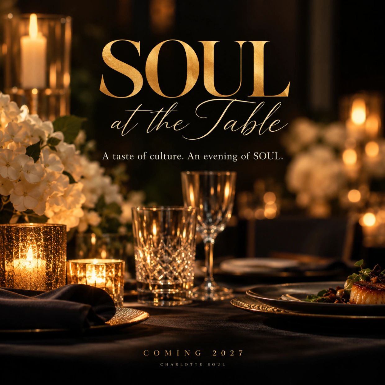 Elegant dinner setting with candles and flowers for Soul at the Table.
