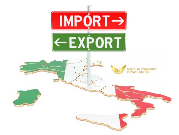 Map of Italy with import and export direction signs above it.