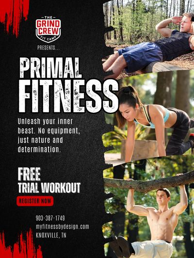 Primal Fitness by The Grind Crew Fit Camp offers a free trial workout in nature with no equipment needed.