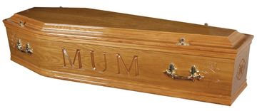 A handcrafted personalised coffin available in a range of colours and designs with gold Fluer handle