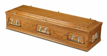 Medium coloured solid oak casket, Fluer handles, double beading, double raised lid, classic panels. 