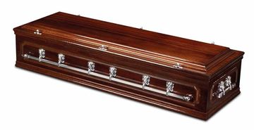 Dark mahogany coloured solid oak casket, casket bar handles, double beading, double raised lid. 