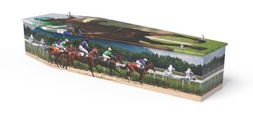 An oak veneer coffin wrapped in a picture from our range. Bespoke pictures can be added. 