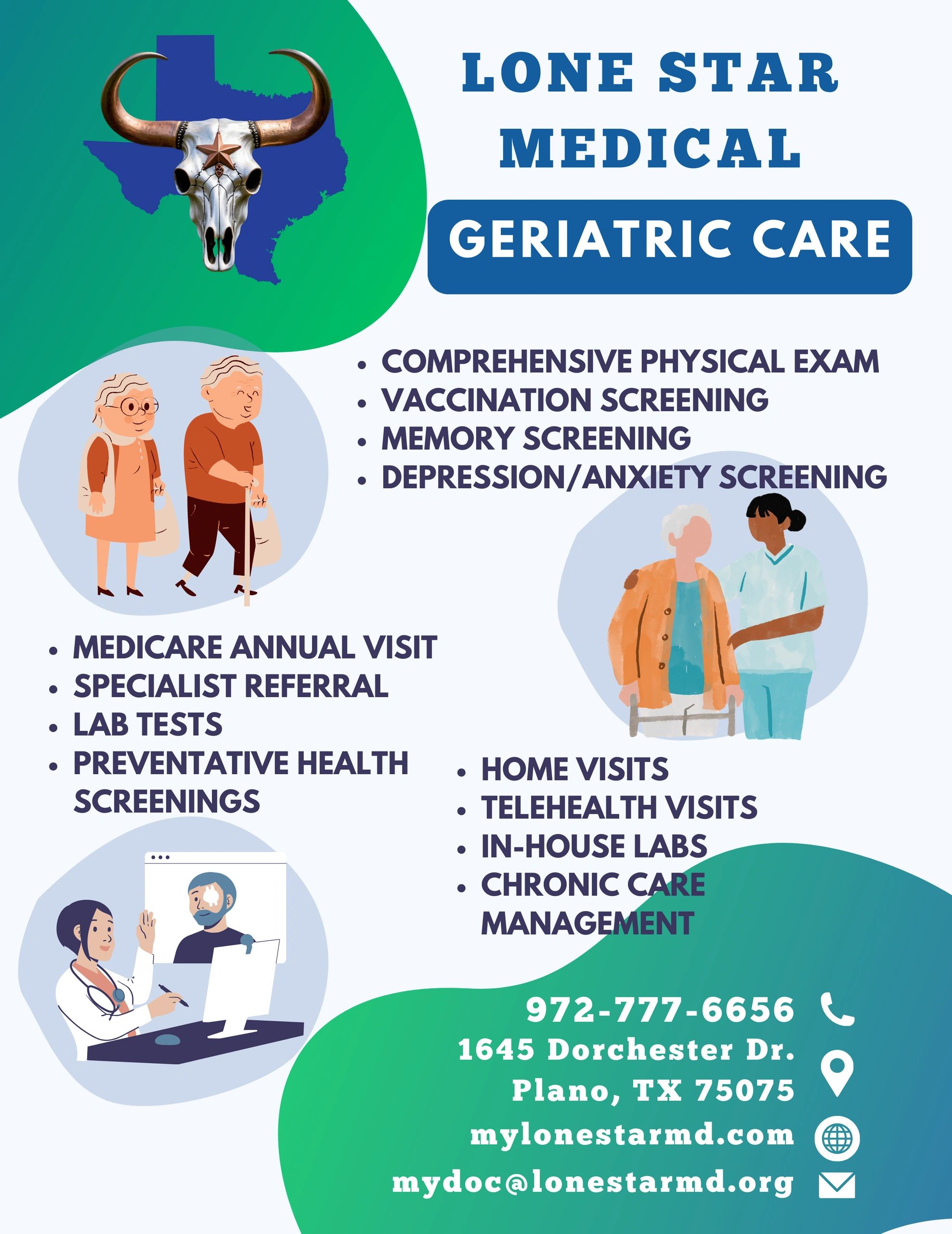 Geriatric care flyer outlining senior services like memory screening, lab work, and home visits