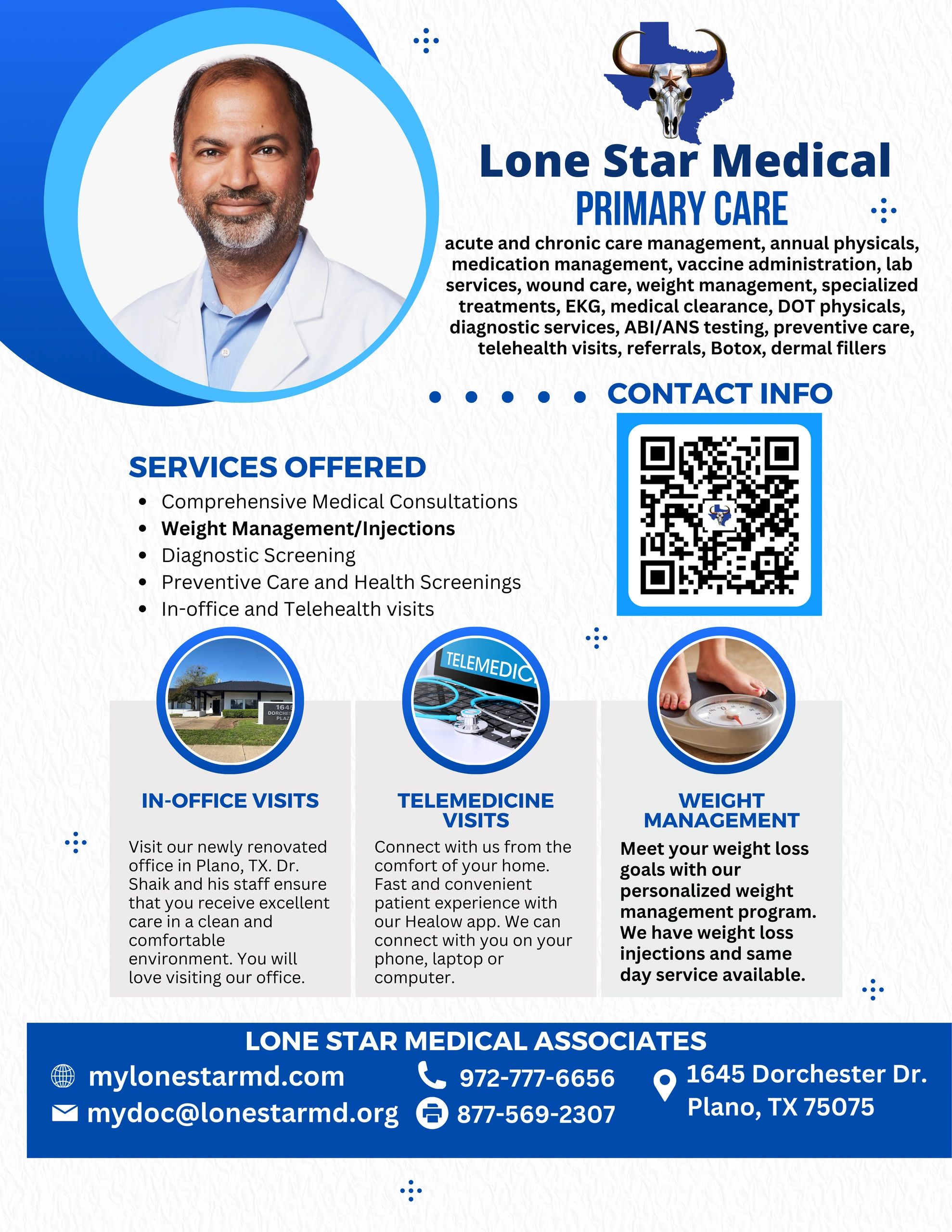 Flyer outlining primary care services, in-office and telehealth visits, and weight management
