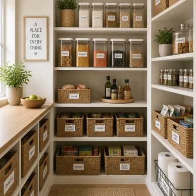 Neatly organized pantry with labeled jars and baskets for every item.