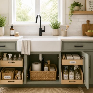 Organized kitchen sink area with labeled baskets and plants.