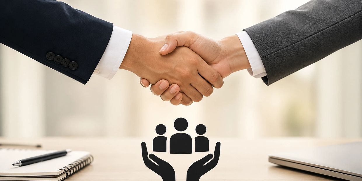 Two professionals shaking hands over a desk with a community care icon.
