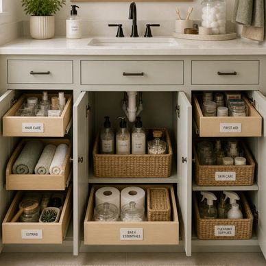 Organized bathroom cabinet with labeled storage baskets and drawers.
