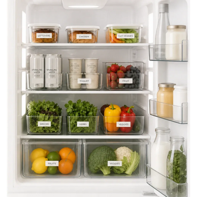 Organized fridge with labeled containers for leftovers, chicken, veggies, fruits, greens, herbs, and drinks.