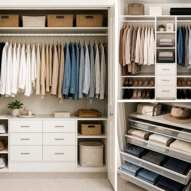 Neatly organized closet with clothes, shoes, and accessories in neutral tones.
