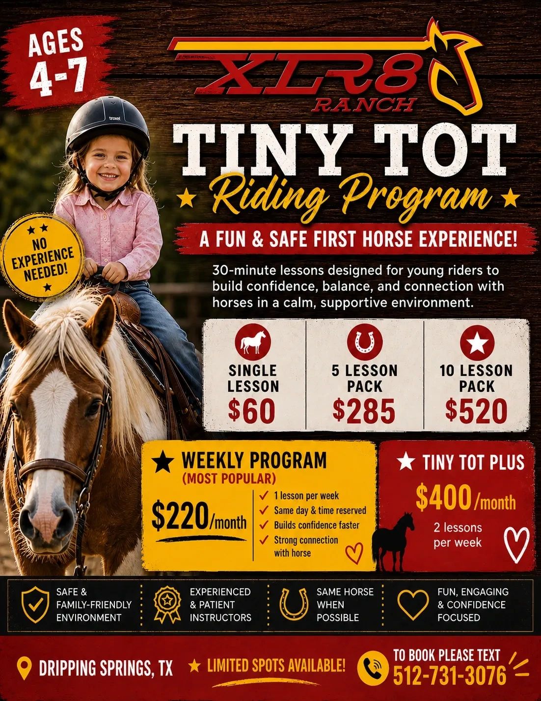 Tiny Tot Riding Program offers safe horse lessons for kids ages 4-7 in Dripping Springs, TX.