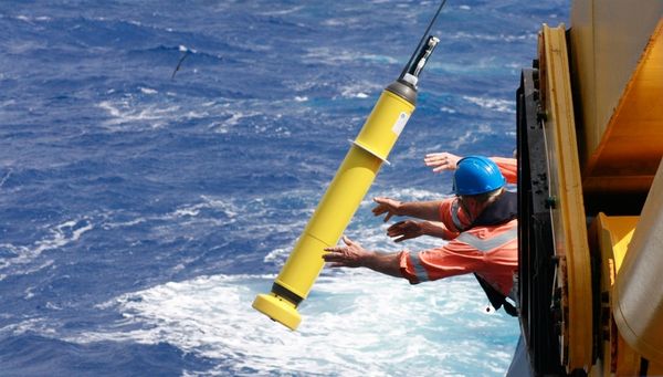 Person throwing a yellow instrument into water.