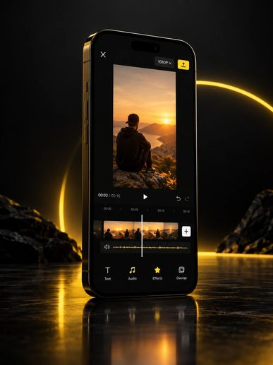 Smartphone editing a sunset video with glowing background.