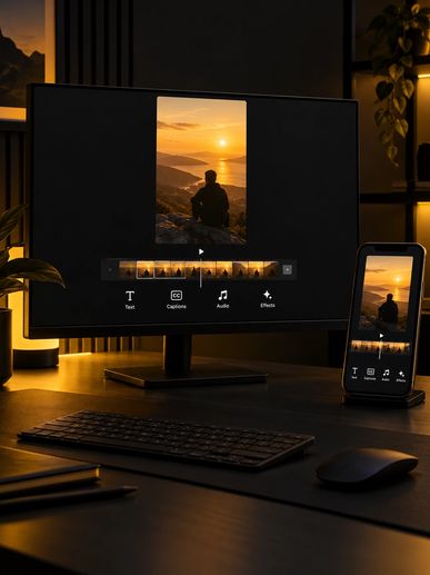 Photo editing on computer and smartphone with sunset image.