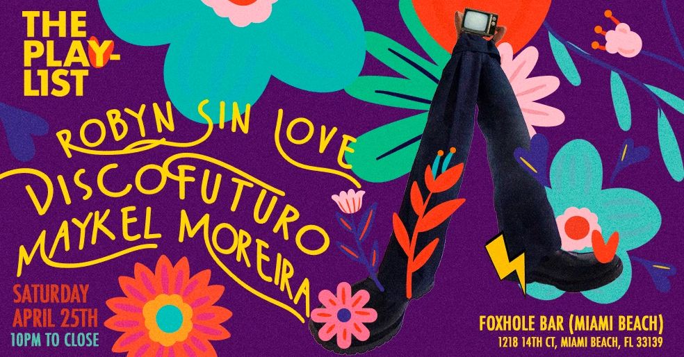 Colorful poster for a music event at Foxhole Bar, Miami Beach with vibrant floral designs.