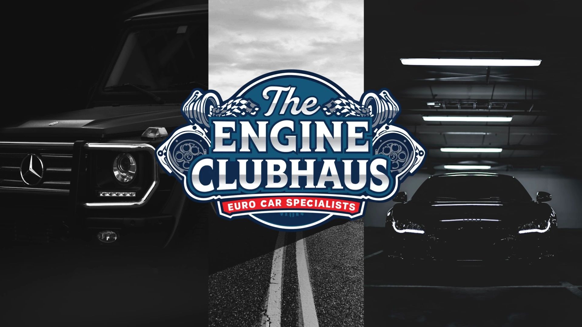 Logo for The Engine Clubhaus
Euro Car Specialist, includes car parts and racing flags.
