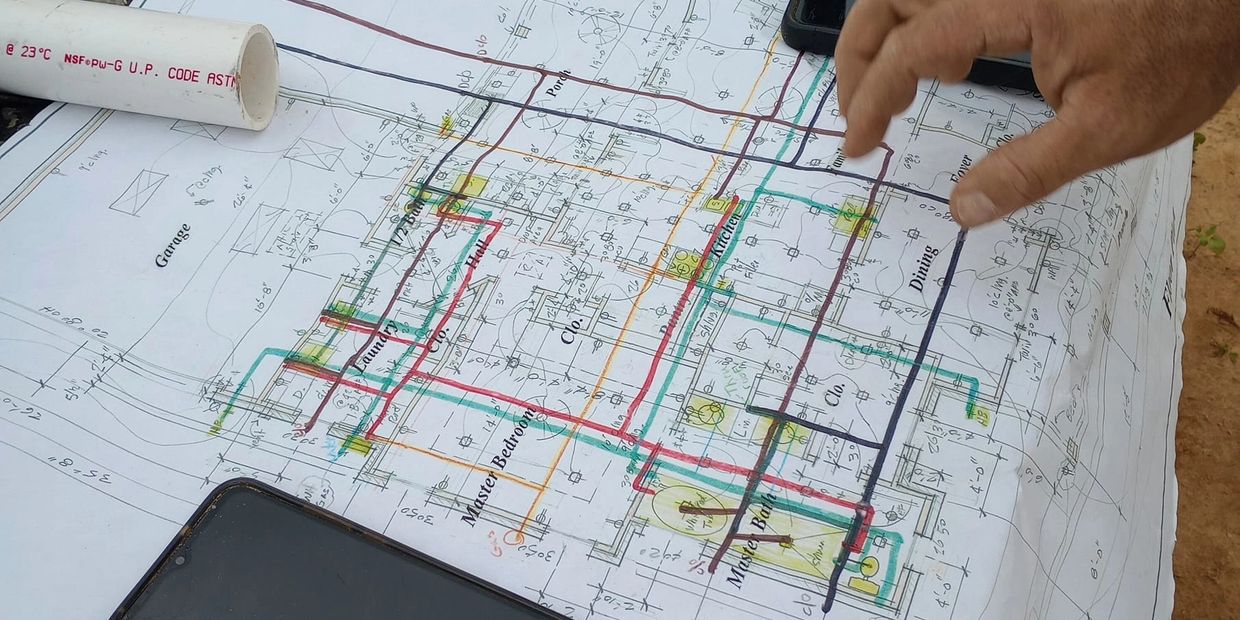 Construction plans with personal notes 