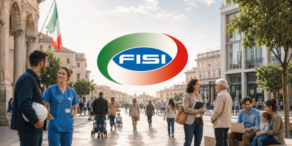 People interacting outdoors in an Italian city with FISI logo overlay.