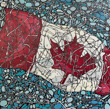 Abstract painting of the Canadian flag with intricate web-like lines.