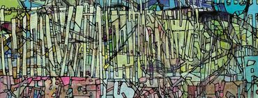 Abstract cityscape with colorful lines and shapes.