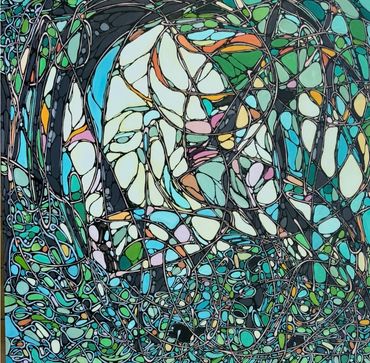 Abstract colorful stained glass-like pattern.