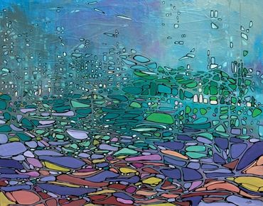 Abstract mosaic with blue, green, and purple tones.