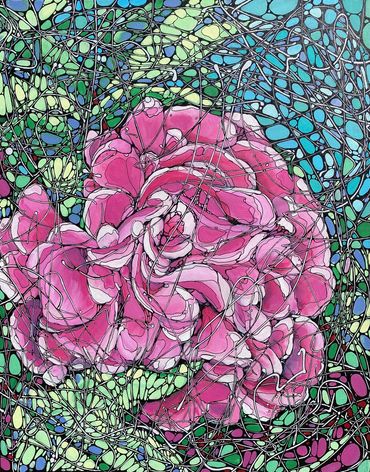 Abstract pink flower with intricate black lines.