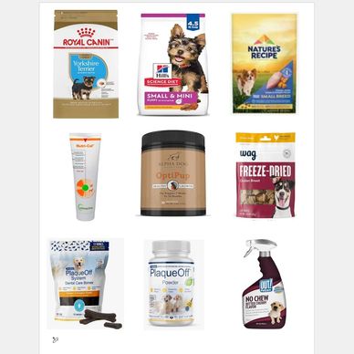 Various dog care products including food, supplements, and dental chews.
