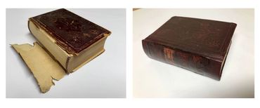 Before and after book restoration with spine repair and durable leather rebinding.