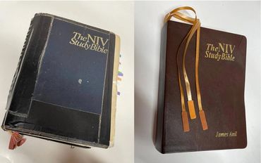 Bible restoration and rebinding with leather cover, gold lettering, and ribbon markers.