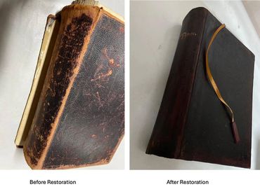 Leather book restoration with professional spine repair and durable rebinding.
