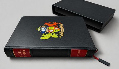 A black leather-bound book with a colorful crest and a slipcase.